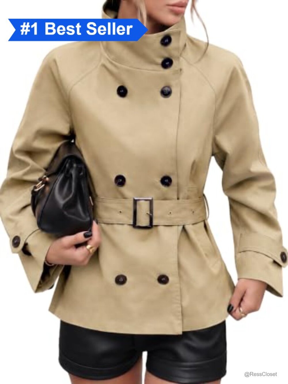 Cropped Trench Coat Funnel Neck Fall Trendy Jacket with Belt